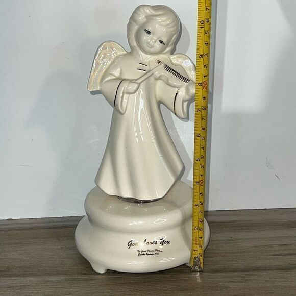 Vintage Angel Music Box Plays Gather At The River White God Loves You Inscribed - Picture 7 of 15